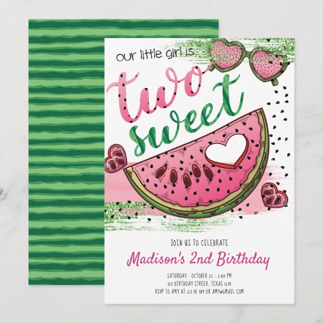 Cute Rosa Grönt ett på Melon 2:a födelsedagen Inbjudningar (Fram/baksida)