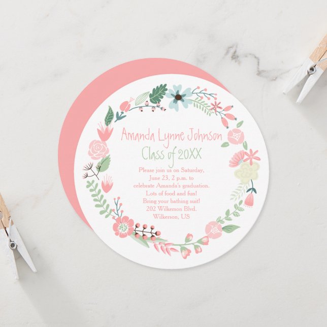 Cute Rosa Grönt Floder Utandningen Studenten Inbju Inbjudningar (Fram/Back In Situ)