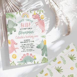 Cute Rosa Grönt Girls Dinosaur 1:a födelsedagen Inbjudningar