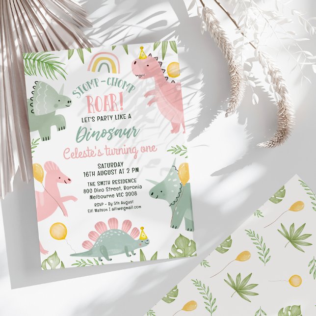 Cute Rosa Grönt Girls Dinosaur 1:a födelsedagen Inbjudningar (Pink Party Like Dinosaur 1st Birthday Invitation Girl, Stomp Chomp Roar Dino Birthday Invitation)