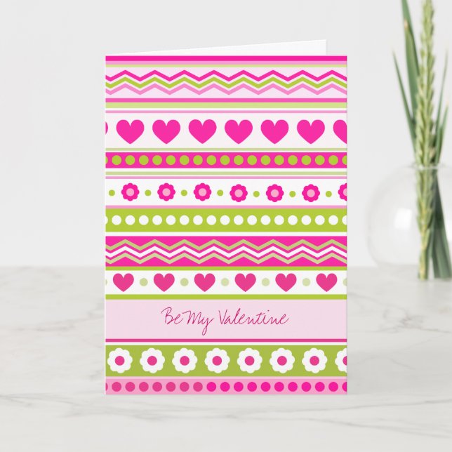 Cute Rosa Grönt Valentines tyg Greeting Card Helgkort (Framsida)