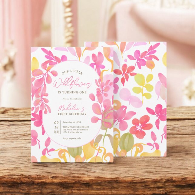 Cute rosa grönt - vattenfärgsblomma 1:a födelsedag inbjudningar (Cute pink green watercolor wildflower 1st birthday invitation)