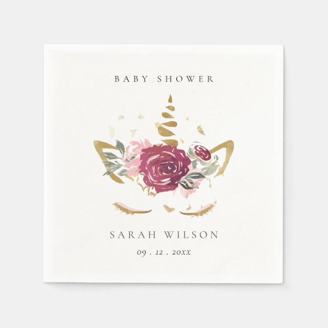 Cute Rosa  Guld Blommigt  Unicorn Baby Shower Pappersservett (Framsidan)