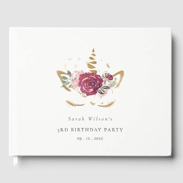 Cute Rosa Guld Blommigt Unicorn oavsett ålder Gästböcker (Framsida)