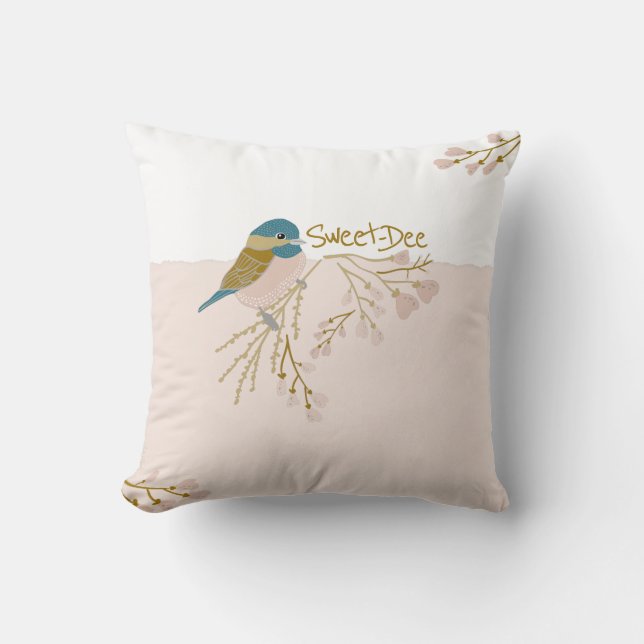 Cute Rosa Guld Chickadee Bird Blommigt Hearearts S Kudde (Framsida)