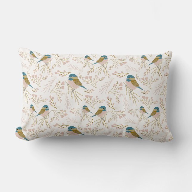 Cute Rosa Guld Chickadee Bird Blommigt Hearearts S Lumbarkudde (Framsida)