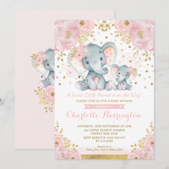 Cute Rosa & Guld Elephant Girl Baby Shower Inbjudningar (Fram/baksida)
