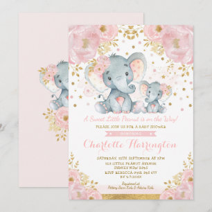 Cute Rosa & Guld Elephant Girl Baby Shower Inbjudningar