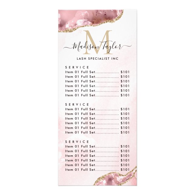 Cute  Rosa Guld Glitter Agate Marble Monogram Reklamkort (Framsidan)