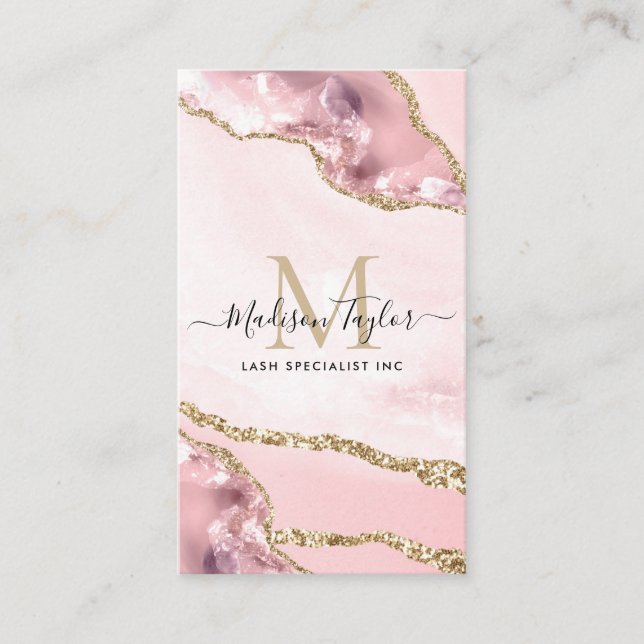 Cute  Rosa Guld Glitter marble Agate Monogram Visitkort (Framsida)