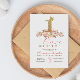 Cute Rosa Guld Krona Princess First Birthday Inbjudningar