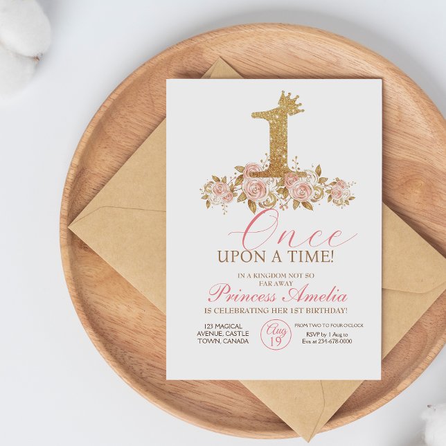 Cute Rosa Guld Krona Princess First Birthday Inbjudningar (Skapare uppladdad)