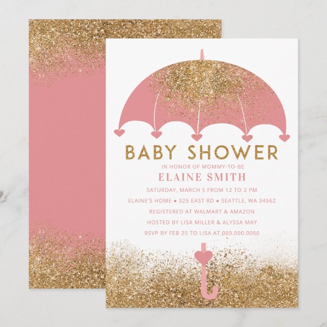 Cute Rosa Guld Parbrella Baby Shower Glitter Inbjudningar (Fram/baksida)
