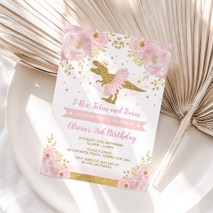 Cute Rosa Guld Princess Dinosaur Girl Birthday Inbjudningar