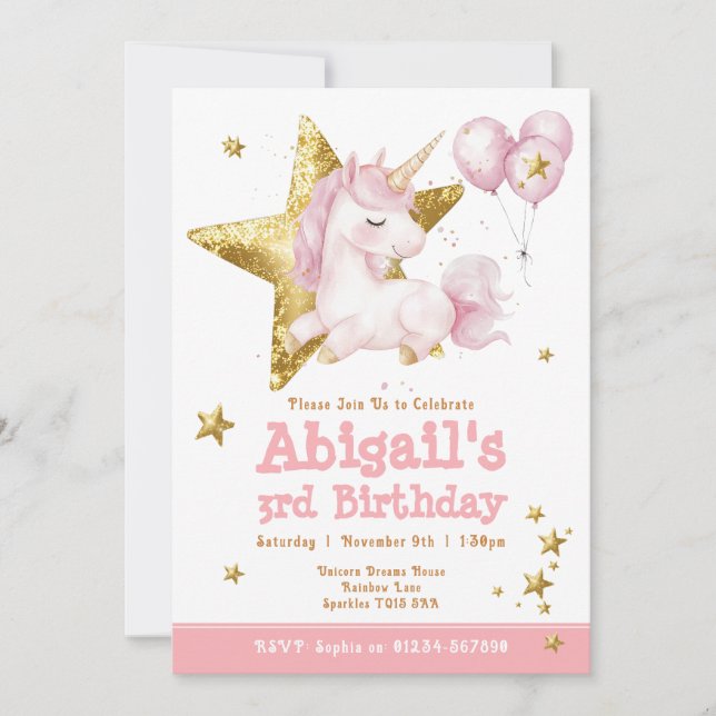 Cute Rosa Guld Unicorn Girls Birthday-inbjudan Inbjudningar (Framsida)