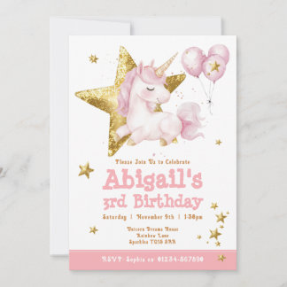 Cute Rosa Guld Unicorn Girls Birthday-inbjudan Inbjudningar