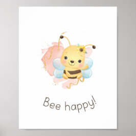 Cute Rosa/Gult Bee Lycklig! Nursery Girls Wall Art Poster