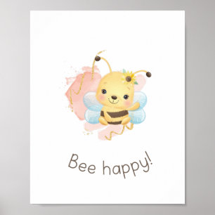 Cute Rosa/Gult Bee Lycklig! Nursery Girls Wall Art Poster