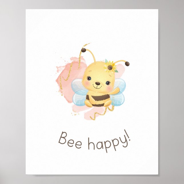 Cute Rosa/Gult Bee Lycklig! Nursery Girls Wall Art Poster (Framsidan)