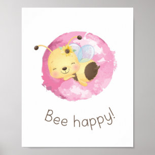 Cute Rosa/Gult Bee Lycklig Nursery Girls Wall Art Poster