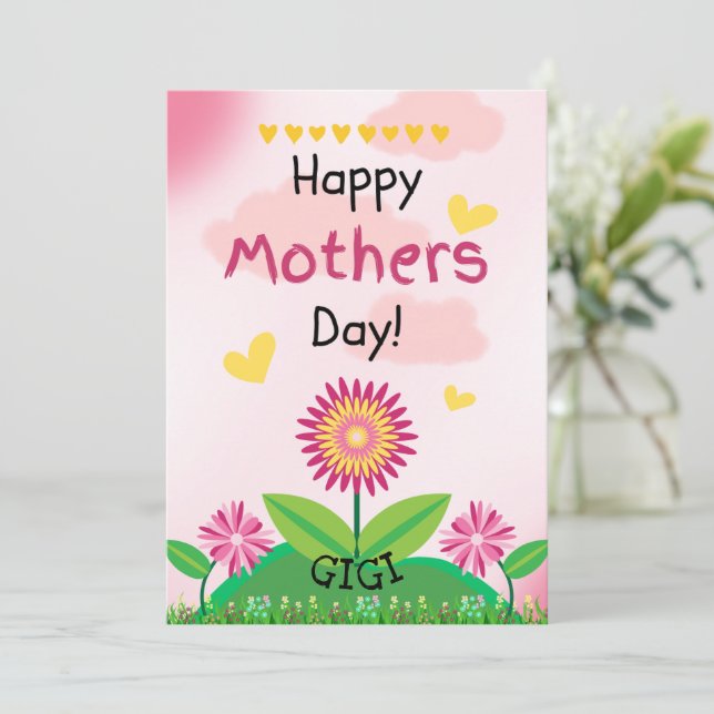 Cute Rosa Gult Flower Kids Mors dag GIGI FLAT Kort (Stående Fram)