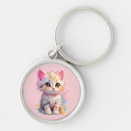 Cute Rosa Gult Kawaii Kitten Rund Silverfärgad Nyckelring