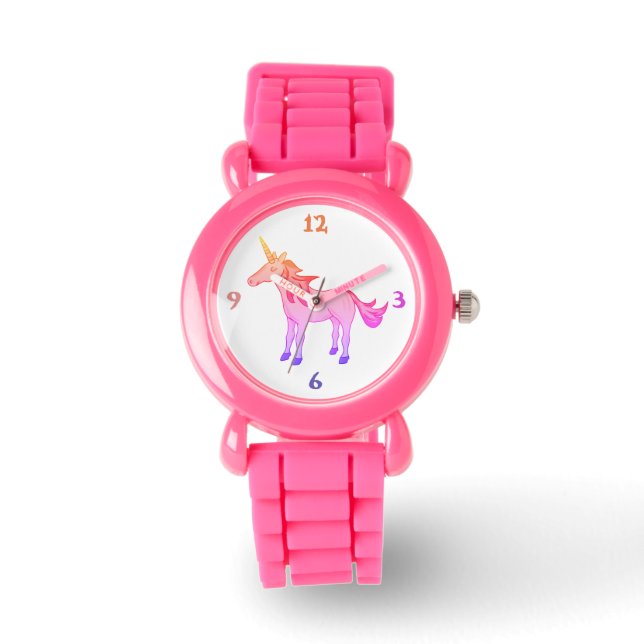 Cute Rosa Gult Rainbow Unicorn Girly Armbandsur (Framsida)