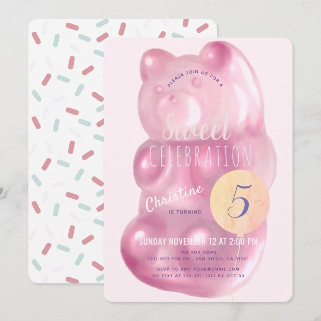 Cute Rosa Gummy Bear Sweet Girl Candy Birthday Inbjudningar (Fram/baksida)