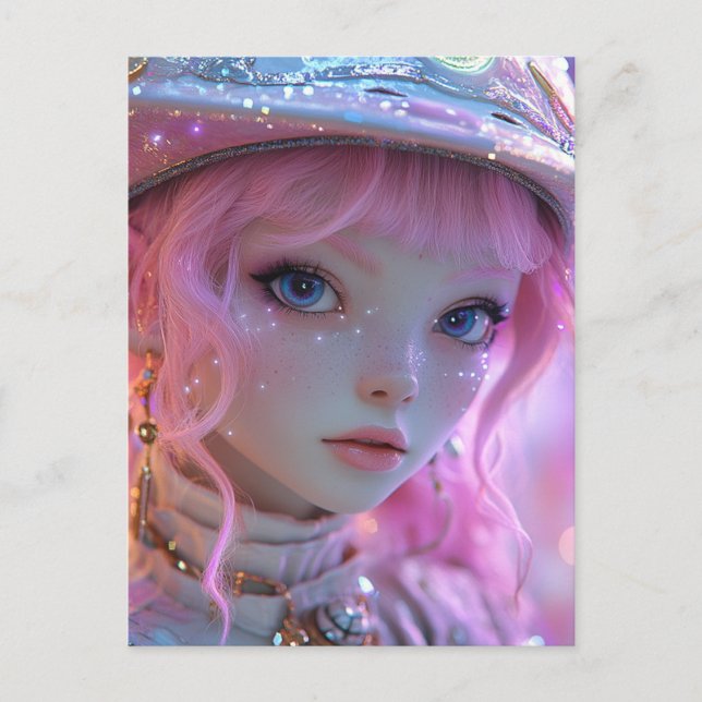 Cute Rosa Hair Girl Vykort (Framsida)