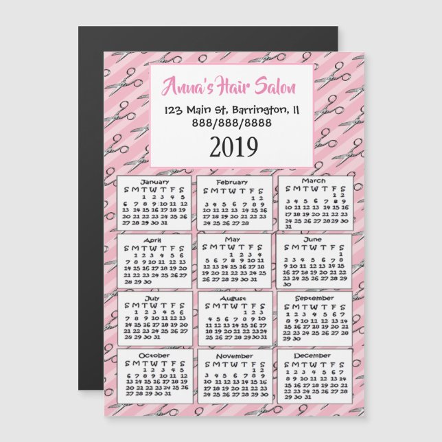 Cute Rosa Hair Salon Business Mini 2019 Kalender Magnetisk Inbjudningskort (Fram/baksida)