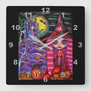 Cute Rosa Hair Witch Doll Lila Castle Fyrkantig Klocka