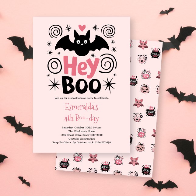 Cute Rosa Halloween Boo Fladdermus Birthday Inbjudningar (Skapare uppladdad)