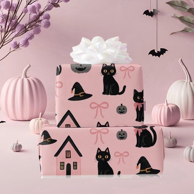 Cute Rosa Halloween Cats & Witch Hats Presentpapper (Skapare uppladdad)