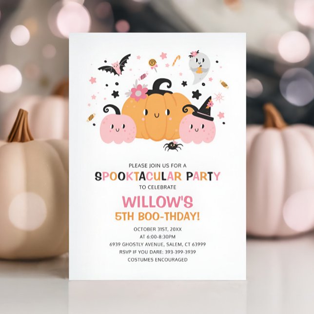 Cute Rosa Halloween-Födelsedagsfest-flickinbjudan Inbjudningar (Pink Halloween Birthday Party Girl Invitation)