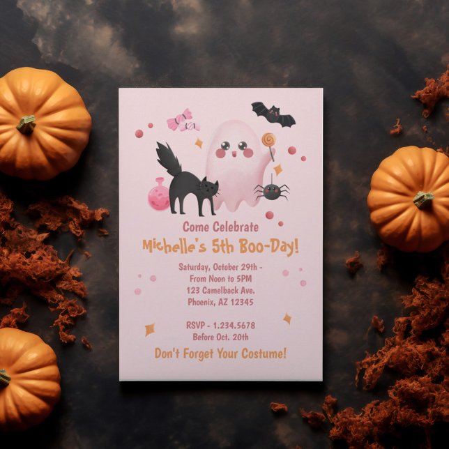 Cute Rosa Halloween-Födelsedagsfest Inbjudningar (Cute Pink Halloween Birthday Party Invitation)