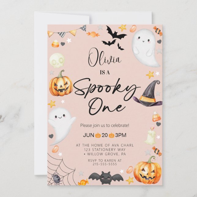 Cute Rosa Halloween Ghost 1st Boy Birthday Inbjudningar (Framsida)