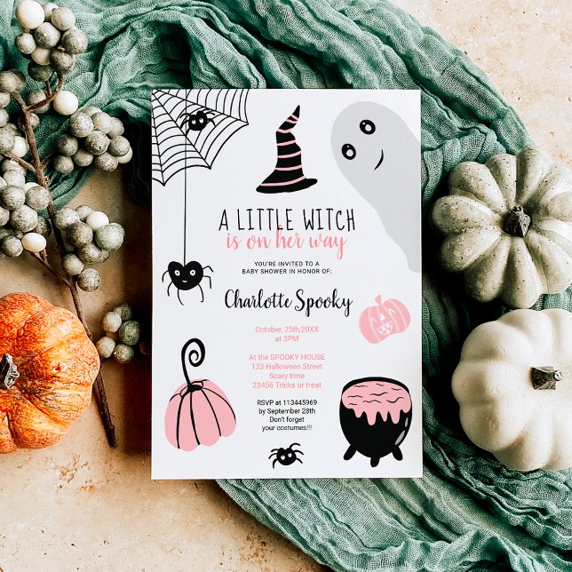 Cute rosa Halloween illustrationer Flickdusch Inbjudningar (Cute pink Halloween illustrations girl baby shower Invitation)