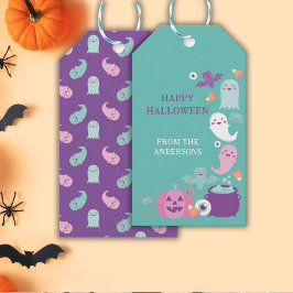 Cute rosa halloween, spöken, fladdermus och spindl presentetikett