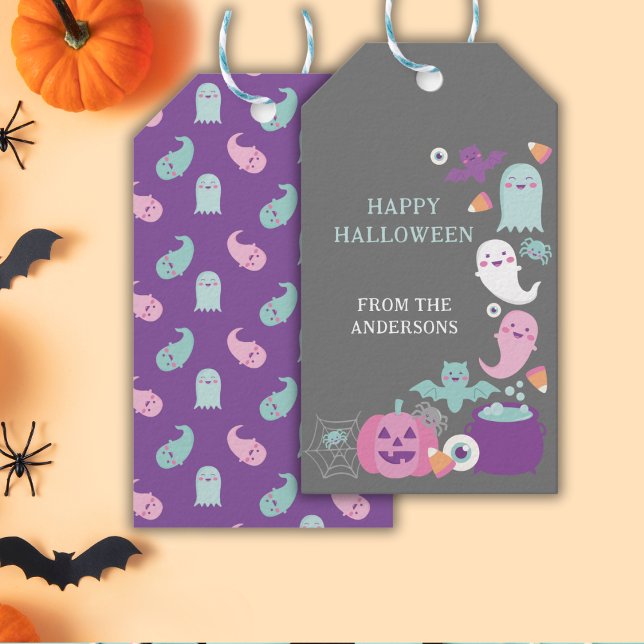 Cute rosa halloween, spöken, fladdermus och spindl presentetikett (Skapare uppladdad)