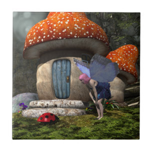 Cute Rosa-hårade Fairy Meets Ladybug Kakelplatta