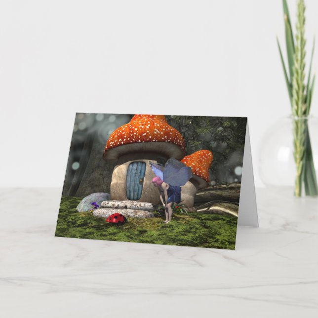 Cute Rosa-hårade Fairy Meets Ladybug Kort (Framsida)