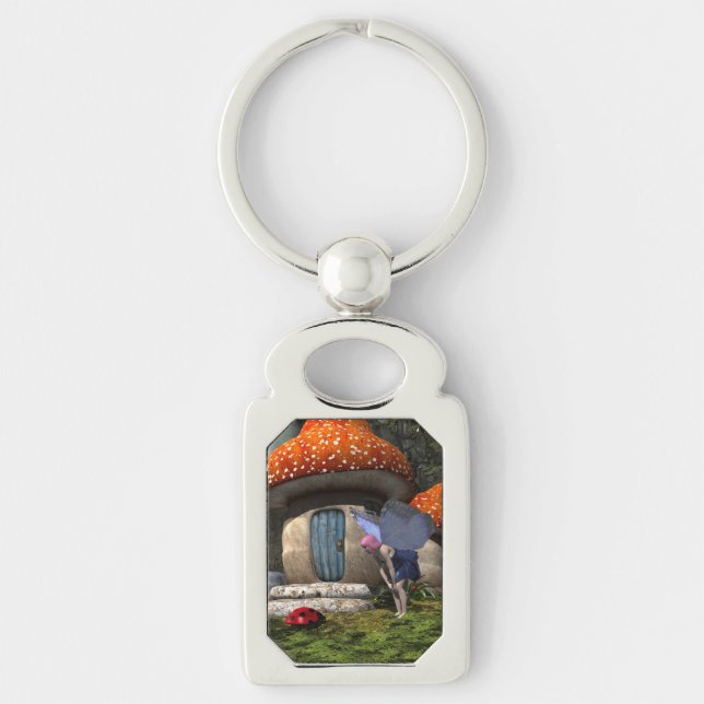 Cute Rosa-hårade Fairy Meets Ladybug Rektangulärt Silverfärgad Nyckelring (Framsidan)