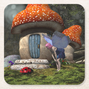 Cute Rosa-hårade Fairy Meets Ladybug Underlägg Papper Kvadrat