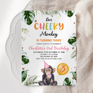 Cute Rosa Hat vår Cheeky Monkey Birthday Inbjudningar