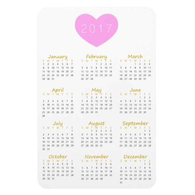 Cute Rosa Heart 2017 Calendar Magnet - Guld & Gråt (Vertikal)