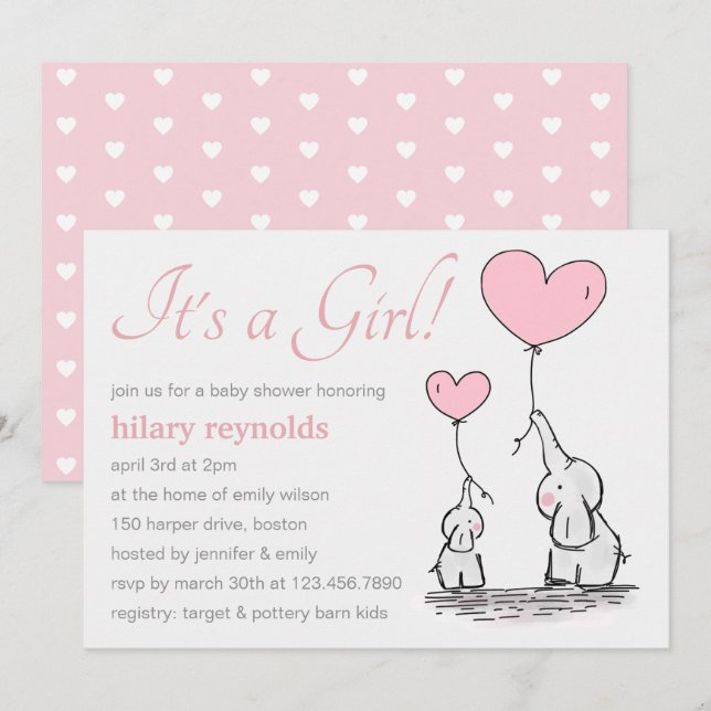 Cute Rosa Heart Balloons Girl Elephant Baby Shower Inbjudningar (Fram/baksida)