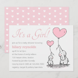 Cute Rosa Heart Balloons Girl Elephant Baby Shower Inbjudningar