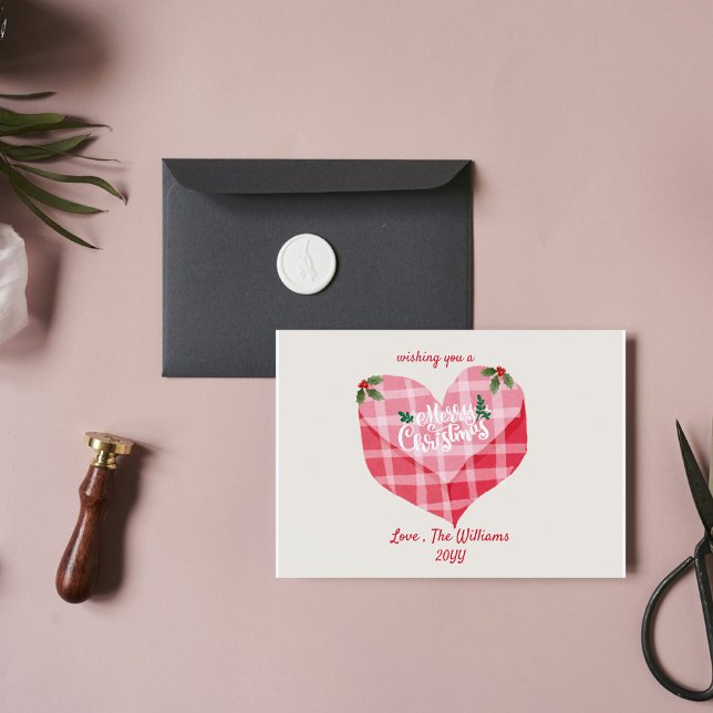 Cute Rosa Heart Gingham Anpassningsbar Photo jul Anteckningskort (Skapare uppladdad)
