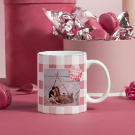 Cute Rosa Heart Gingham Anpassningsbar Photo jul Kaffemugg