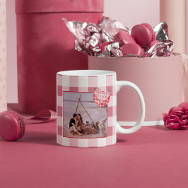 Cute Rosa Heart Gingham Anpassningsbar Photo jul Kaffemugg